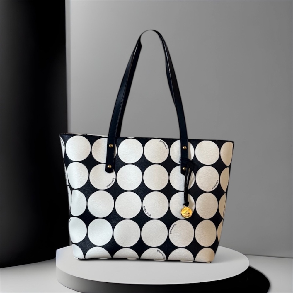 Brahmin Leather Tote Bag - Black and White, Polka Dots